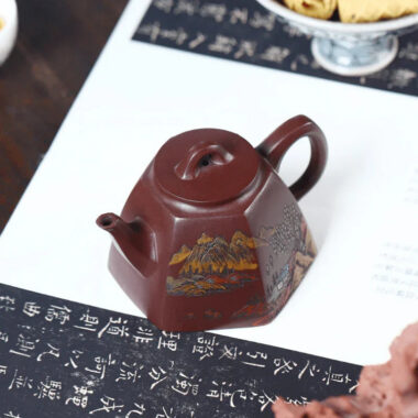 Full Handmade Yixing Zisha Shanshui Color Painted Teapot [Liufang Qin Quan] (Lao Zi Ni – 290ml)