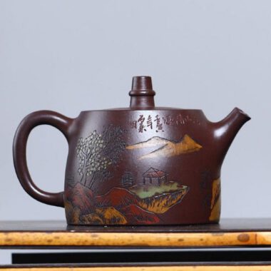 Full Handmade Yixing Zisha Shanshui Color Painted Teapot [Xiao Han Duo] (Lao Zi Ni – 225ml)