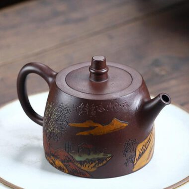 Full Handmade Yixing Zisha Shanshui Color Painted Teapot [Xiao Han Duo] (Lao Zi Ni – 225ml)
