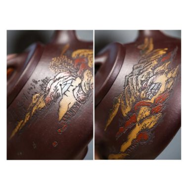Full Handmade Yixing Zisha Shanshui Color Painted Teapot [Ziye Shi Piao] (Lao Zi Ni – 300ml)