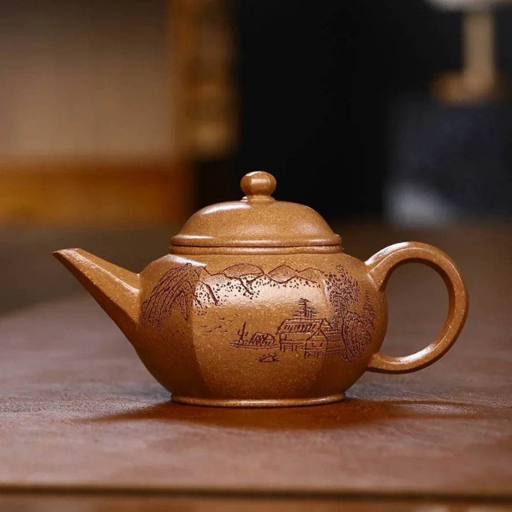 Full Handmade Yixing Zisha Teapot [Liufang Shuiping Pot] (Wucai Lao Duan Ni – 150ml)
