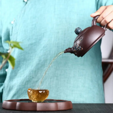 Full Handmade Yixing Zisha Teapot [Lotus Half Moon Pot] Embossed Art (Lao Zi Ni – 360ml)