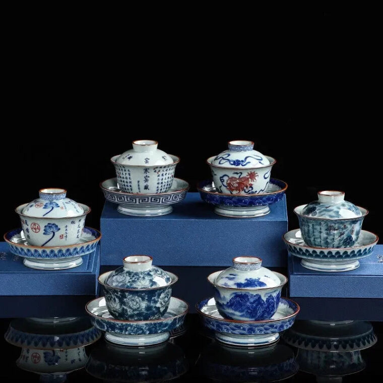 Handmade Aged Ceramic Clay [Qinghua] Sancai Gaiwan 210ml
