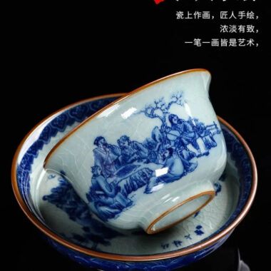 Handmade Aged Ceramic Clay [Qinghua] Sancai Gaiwan 210ml