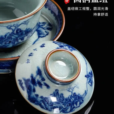 Handmade Aged Ceramic Clay [Qinghua] Sancai Gaiwan 210ml