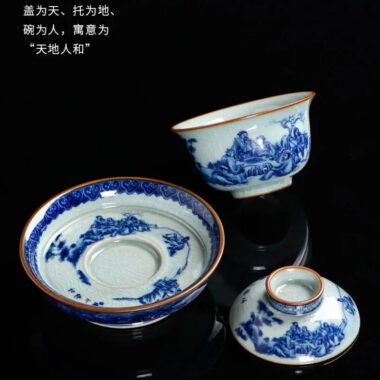 Handmade Aged Ceramic Clay [Qinghua] Sancai Gaiwan 210ml