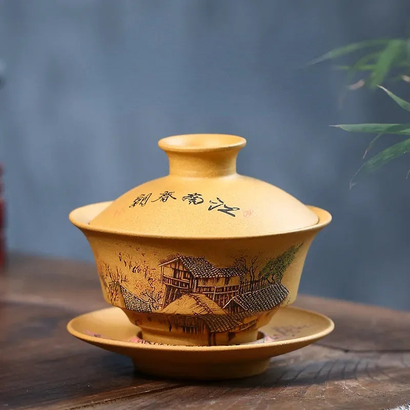 Handmade Yixing Zisha Gaiwan [Spring of Jiangnan] (Huangjin Duan Ni – 150ml)