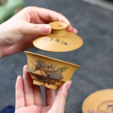 Handmade Yixing Zisha Gaiwan [Spring of Jiangnan] (Huangjin Duan Ni – 150ml)