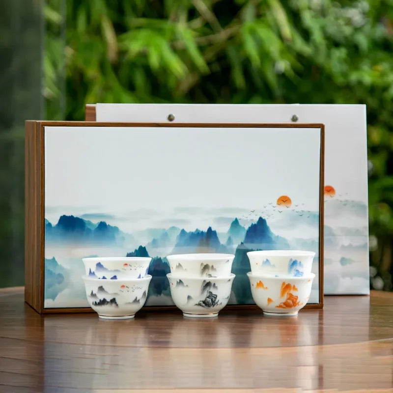 Mutton Fat Jade White Porcelain Tea Cup Gift Set [Sunrise]
