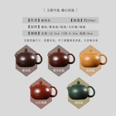 Yixing Zisha Teapot [5-color Xishi Pot Set] (5 Clay Types – 220ml±50cc)