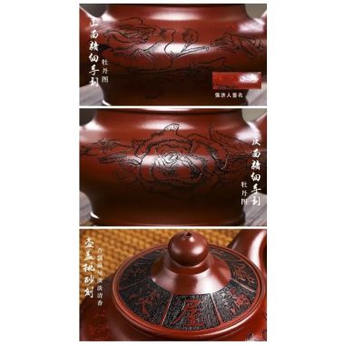 Full Handmade Yixing Zisha Teapot [Hua Kai Fugui] 1 Pot 5 Cups Set (Long Xue Sha – 380ml)